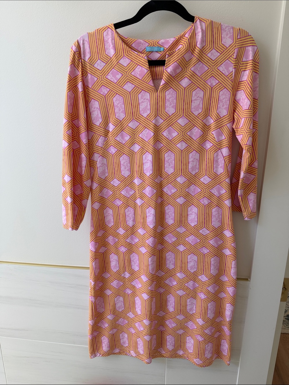 J. McLaughlin Pink and Orange Geometric Notch-Neck Shift Dress